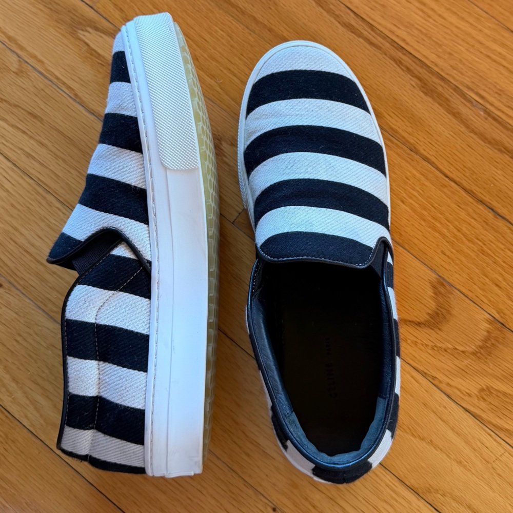 CELINE 38.5 - Black and White Striped Slip-On Sneakers